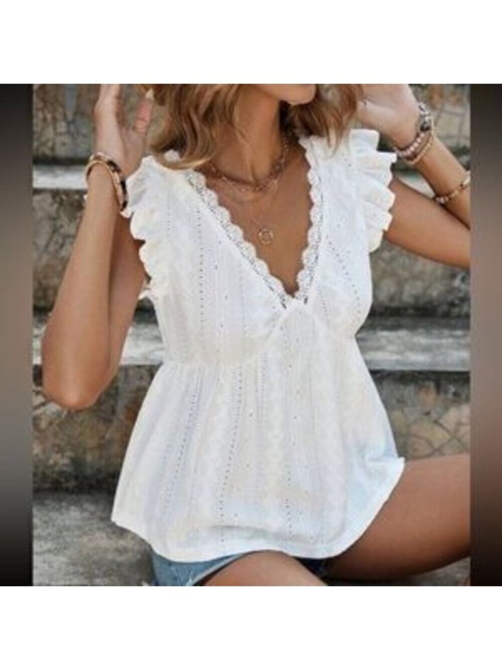 Boho white v neck ruffle babydoll blouse - Picture 2 of 3